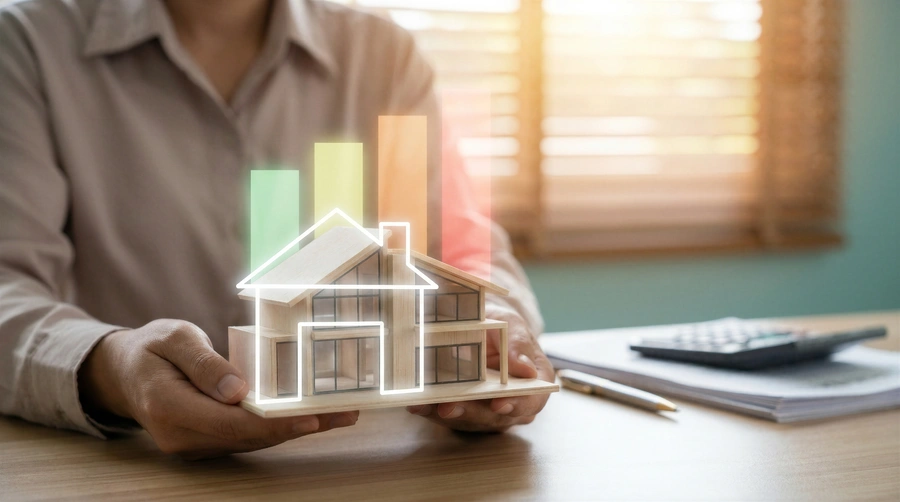 Person holding a model house with a digital energy efficiency rating graphic above it