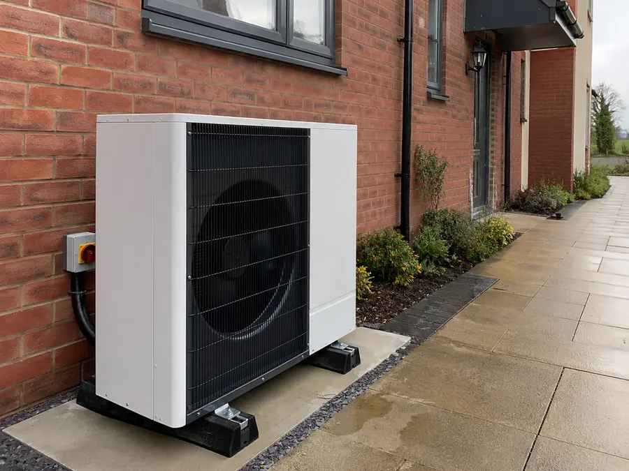 Air source heat pump installed on the outside wall of a modern brick home