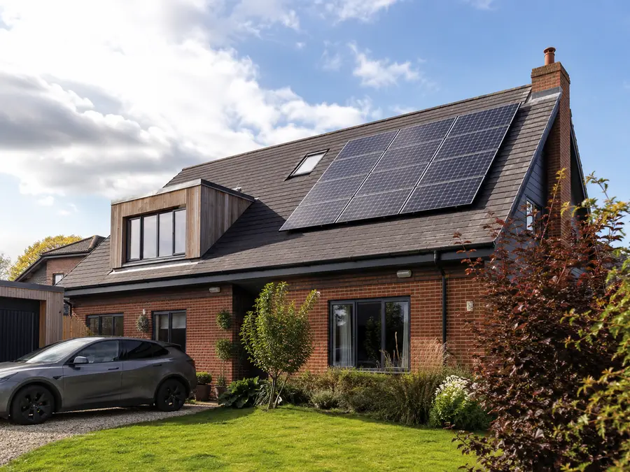 Modern family home with roof mounted solar panels generating renewable electricity